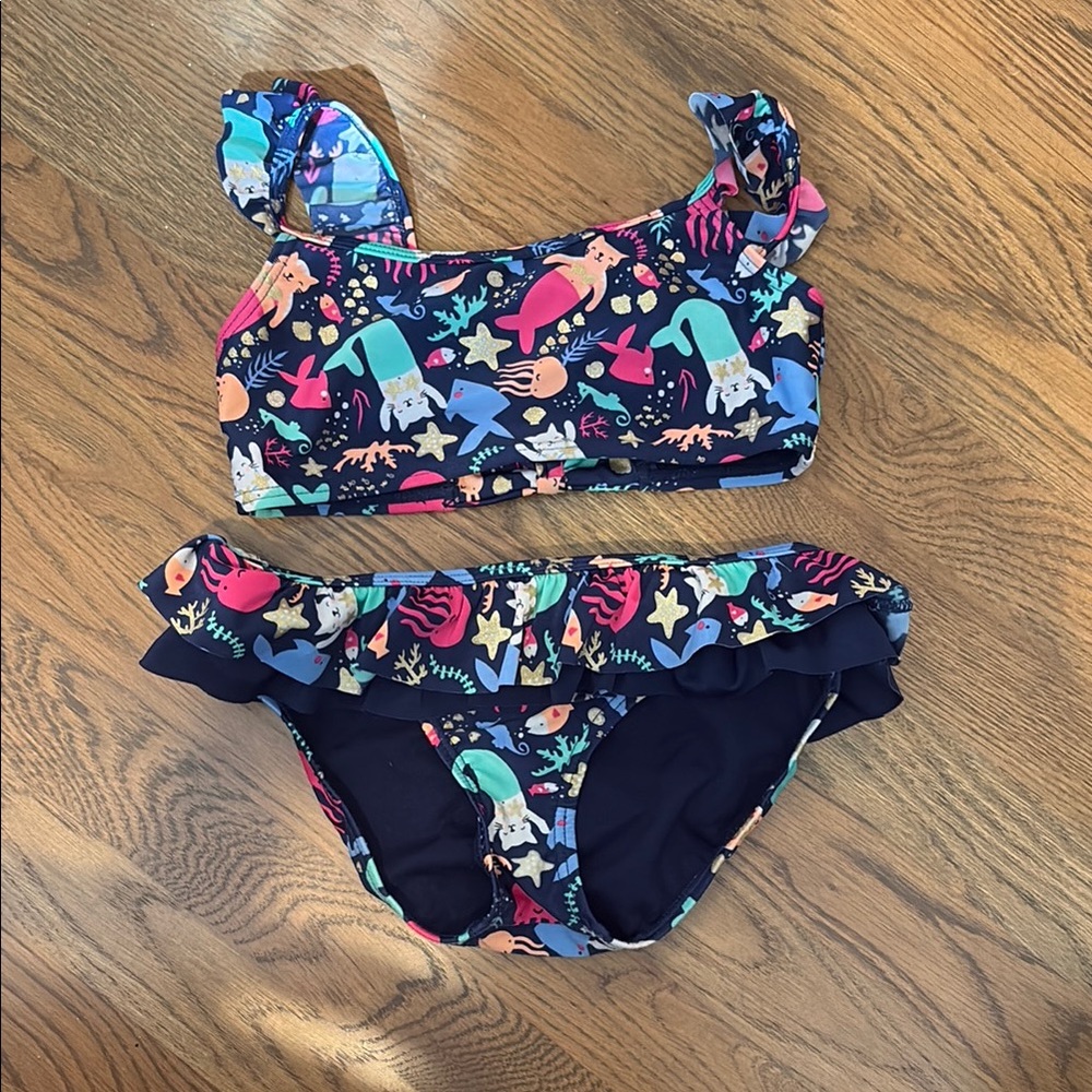 Cat & Jack Blue and Pink Bikini Set with Ruffled Details - worn once